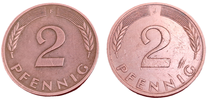 1977 and 1978 Germany 2 Pfennigs coins