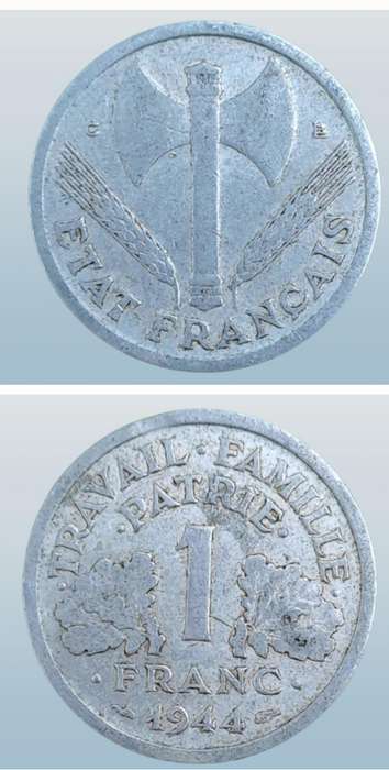1944 France 1 Franc Type C -Vichy French State - light type