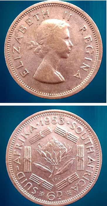 1953 South Africa .500 SILVER 6 Pence -Elizabeth II 1st portrait