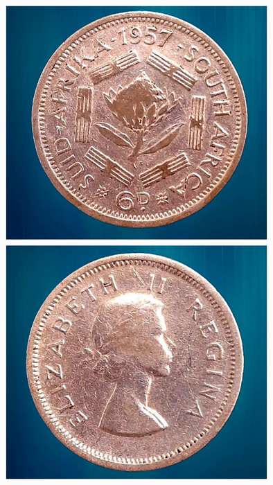 1957 South Africa .500 SILVER 6 Pence -Elizabeth II 1st portrait