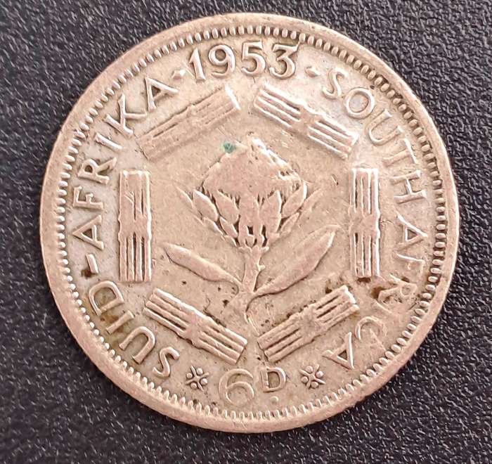 1953 South Africa .50% SILVER 6 Pence -Elizabeth II 1st portrait