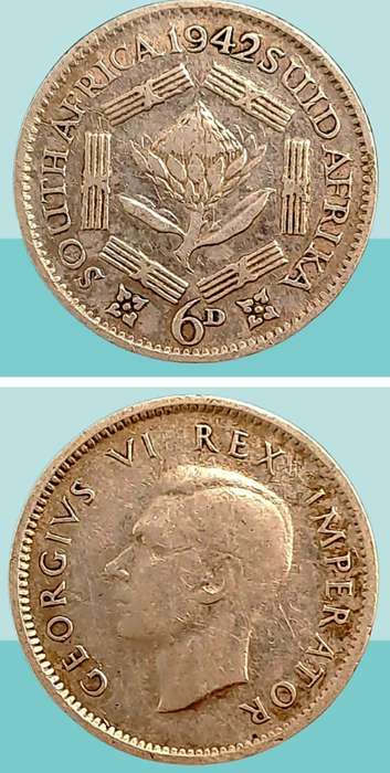 1942 South Africa  SILVER 6 Pence -80% Silver George VI Rex Imperator