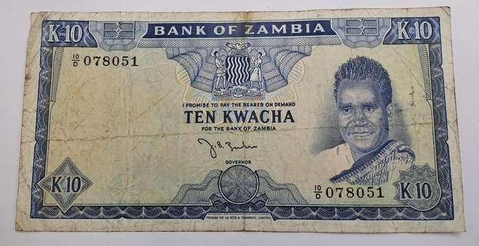Rare!! 1969 Zambia 10 Kwacha - Bank note