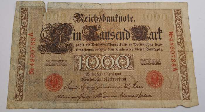 1910 Germany 1000 Mark Reichsbanknote, green seals