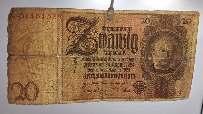 1929 Germany 20 Reichsmark Reichsbanknote
