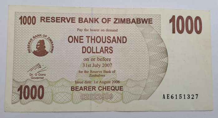 2006 Zimbabwe 1000 Dollars Bearer Cheque