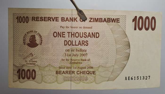 2006 Zimbabwe 1000 Dollars Bearer Cheque