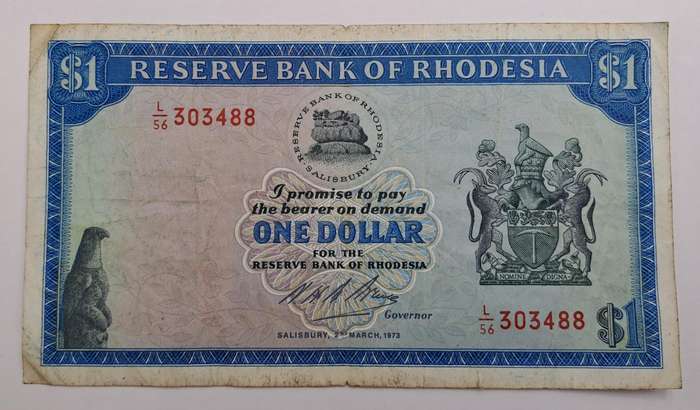 1973 Rhodesia 1 Dollar Bank Note (Rhodes Watermark)