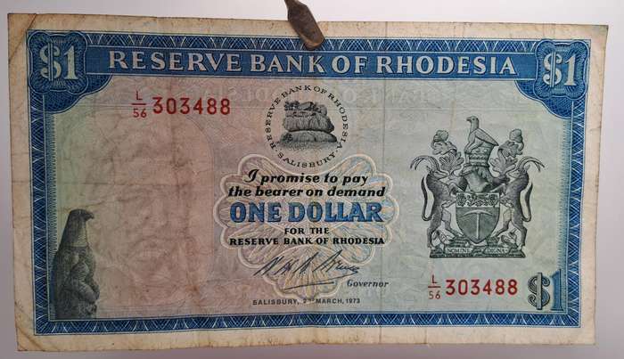 1973 Rhodesia 1 Dollar Bank Note (Rhodes Watermark)