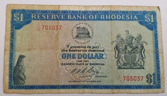 1974 Rhodesia 1 Dollar Bank Note (Rhodes Watermark)