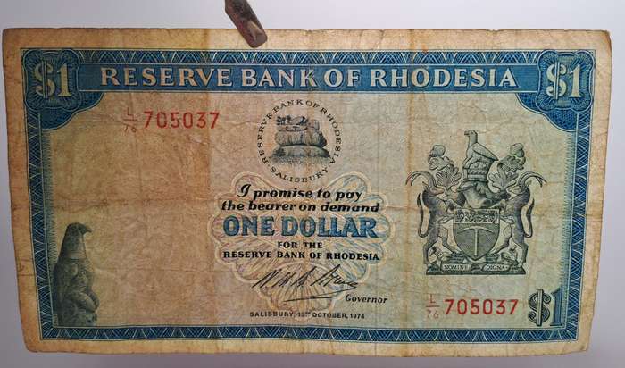 1974 Rhodesia 1 Dollar Bank Note (Rhodes Watermark)