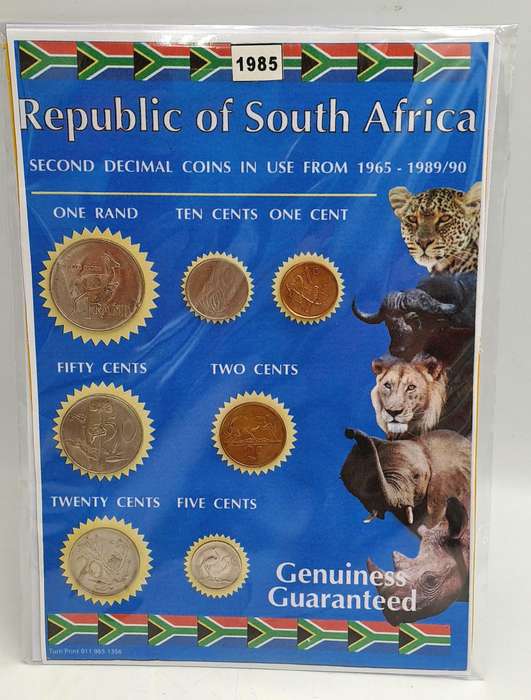 1985 Republic Of South Africa full set of 7 Coins on a Printed Sheet-Circulated Coins