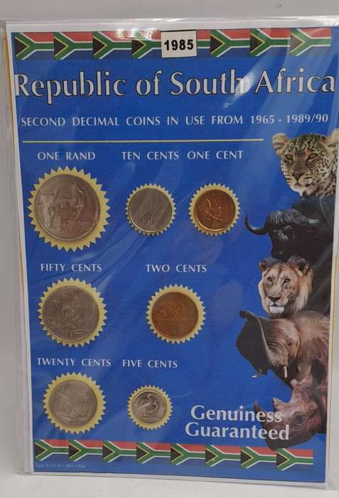 1985 Republic Of South Africa full set of 7 Coins on a Printed Sheet-Circulated Coins