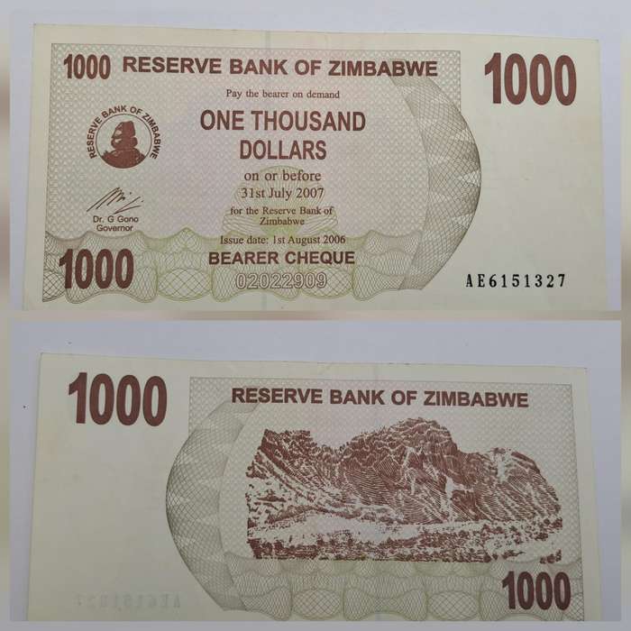 2006 Zimbabwe 1000 Dollars Bearer Cheque