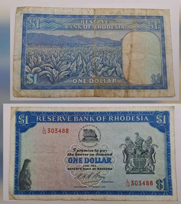 1973 Rhodesia 1 Dollar Bank Note (Rhodes Watermark)