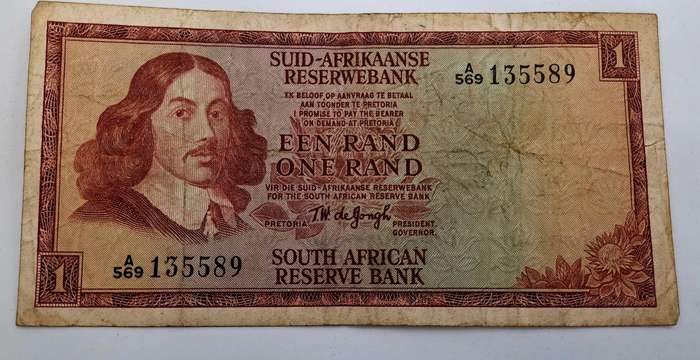 1967 South Afrika 1 Rand Note-T.W. de Jongh - First Issue  Afrikaans -English
