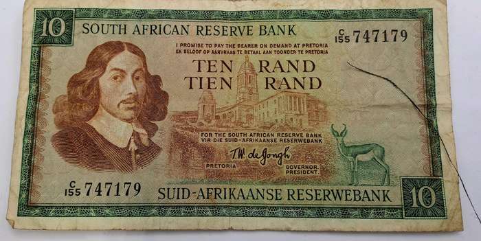 1975 South Africa R10 (Ten Rand) Note T.W. de Jongh - Third Issue  -English-Afrikaans