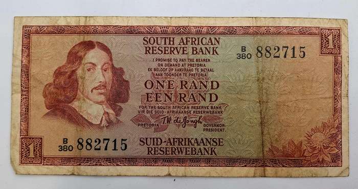 1975 South Africa R1 ( One Rand ) Note -T.W. de Jongh - Third Issue  -English-Afrikaans-