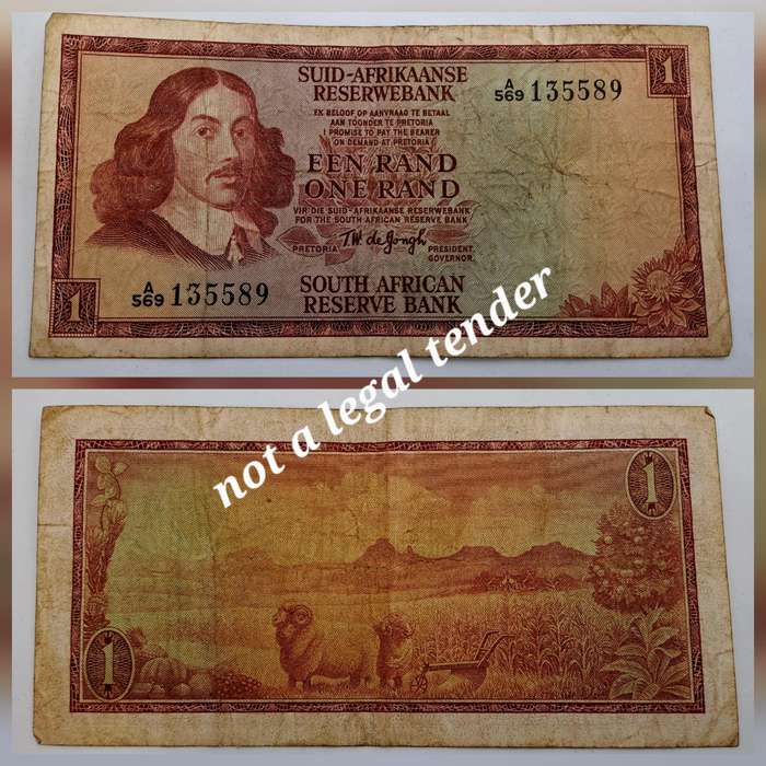 1967 South Afrika 1 Rand Note-T.W. de Jongh - First Issue  Afrikaans -English