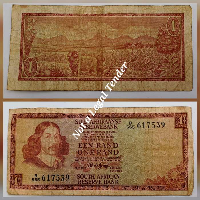 1975 One Rand (R1) T.W. de Jongh - Third Issue Banknote -Riebeeck Watermark