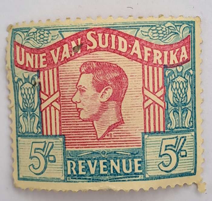 1948 Unie Van Suid Afrika 5 Shilling  revenue stamp