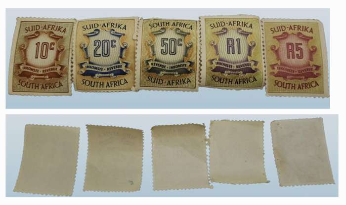 South Africa Republic 10c,20c,50c,R1,R5 Revenue stamps