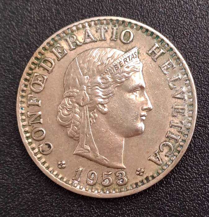 1953 Switzerland 20 Rappen Libertas- copper-nickel