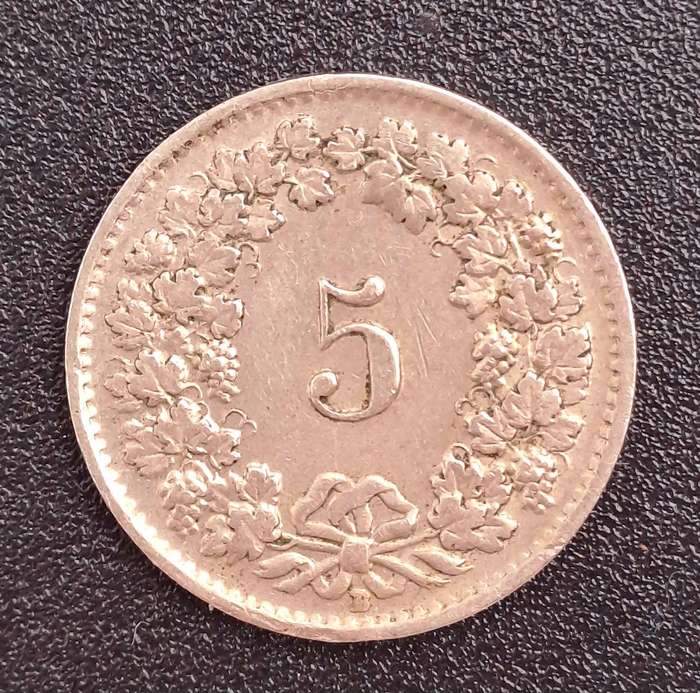1955 Switzerland 5 Rappen Libertas, copper-nickel