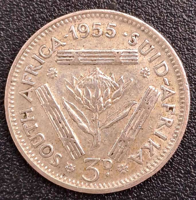 1955 South Africa Union Silver 3 Pence - Elizabeth II 1st portrait