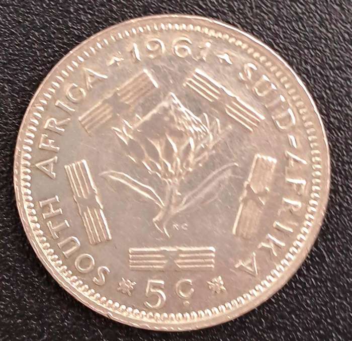 1961 South Africa  Silver 5 Cents 1st decimal series