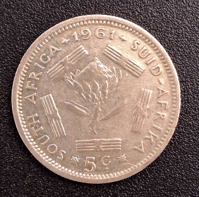 1961 South Africa  Silver 5 Cents 1st decimal series