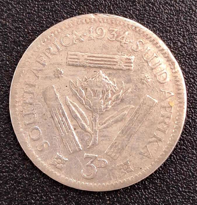 1934 South Africa Union Silver 3 Pence -George V SUID-AFRIKA 3D