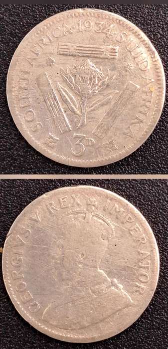 1934 South Africa Union Silver 3 Pence -George V SUID-AFRIKA 3D