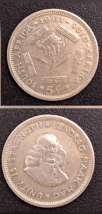1961 South Africa  Silver 5 Cents 1st decimal series