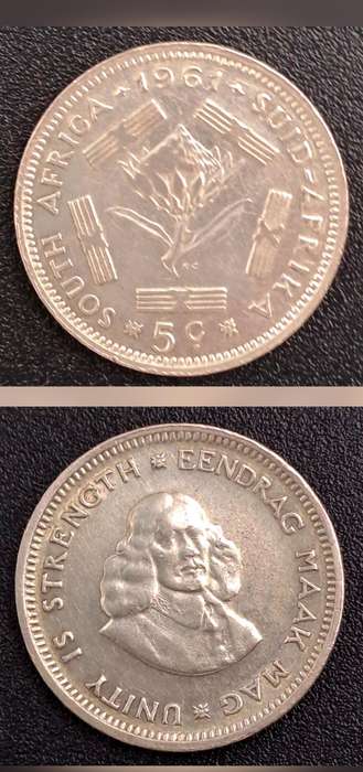 1961 South Africa  Silver 5 Cents 1st decimal series