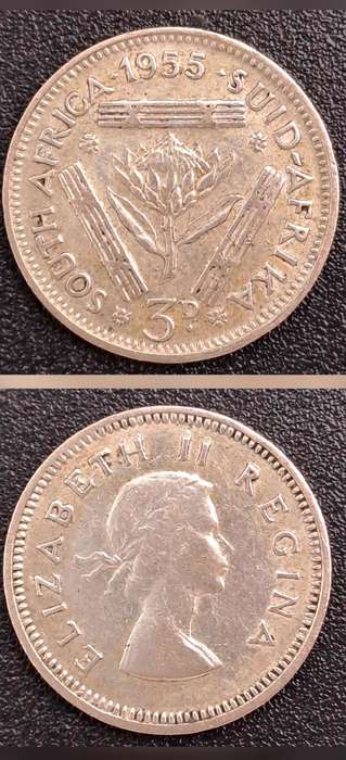 1955 South Africa Union Silver 3 Pence - Elizabeth II 1st portrait