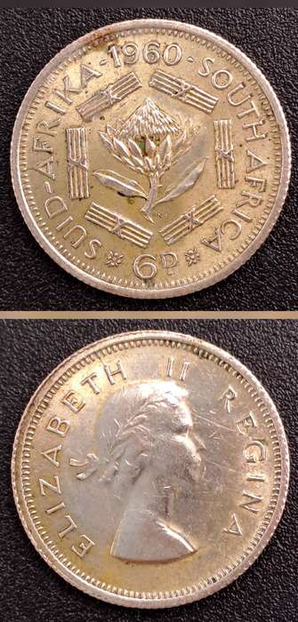 1960 South Africa Union Silver 6 Pence - Elizabeth II 1st portrait