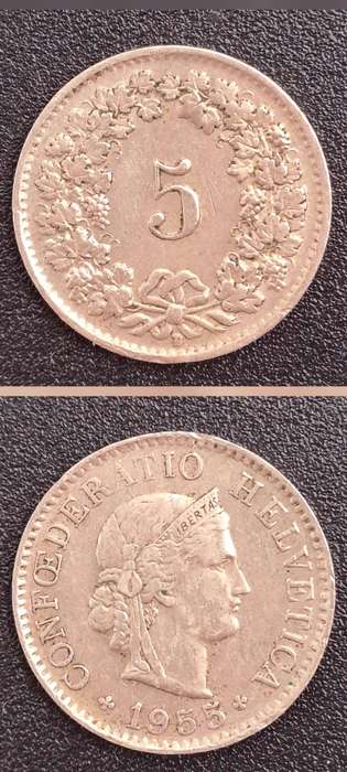 1955 Switzerland 5 Rappen Libertas, copper-nickel