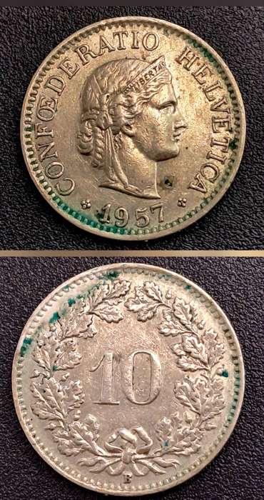 1957 Switzerland 10 Rappen Libertas, copper-nickel