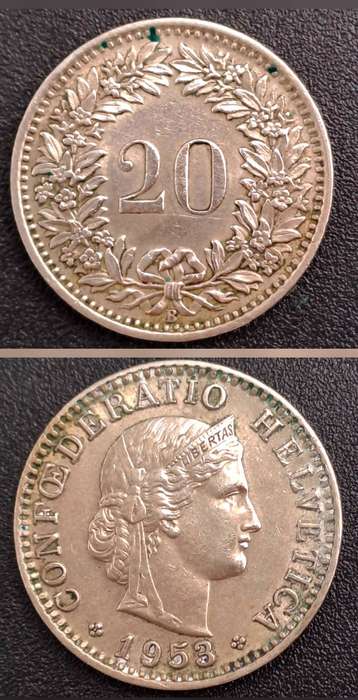 1953 Switzerland 20 Rappen Libertas- copper-nickel