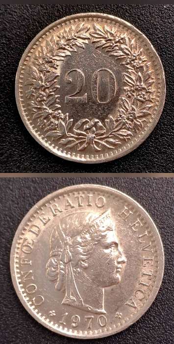 1970 Switzerland 20 Rappen Libertas- copper-nickel