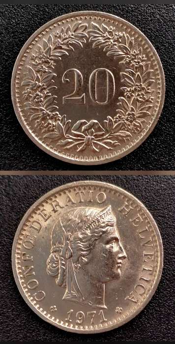 1971 Switzerland 20 Rappen Libertas- copper-nickel
