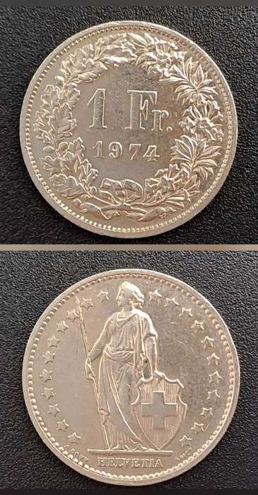 1974 Switzerland 1 Francs Herdsman, copper-nickel, embossed edge