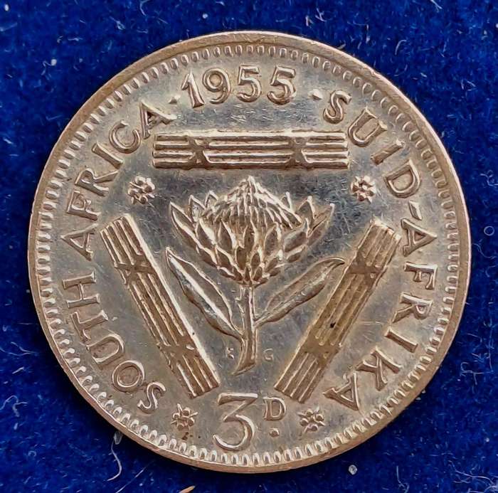 1955 South Africa Silver (.500) 3 Pence - Elizabeth II 1st portrait