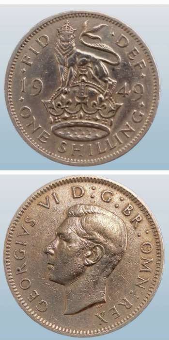 1949 United Kingdom 1 Shilling - George VI English crest, without 'IND:IMP'