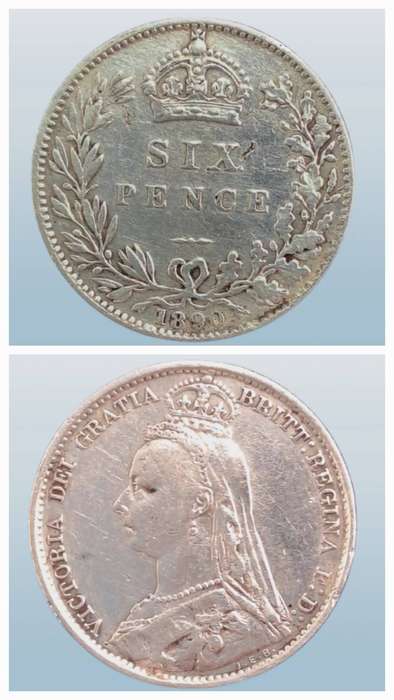 Antique 1890 United Kingdom SILVER 6 Pence - Victoria 2nd portrait, 2nd reverse
