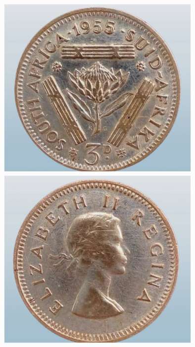 1955 South Africa Silver (.500) 3 Pence - Elizabeth II 1st portrait