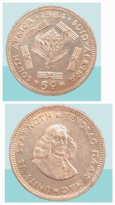 1964 South Africa  Silver (.500) 5 Cents 1st decimal series