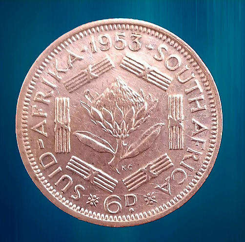 1953 South Africa .500 SILVER 6 Pence -Elizabeth II 1st portrait