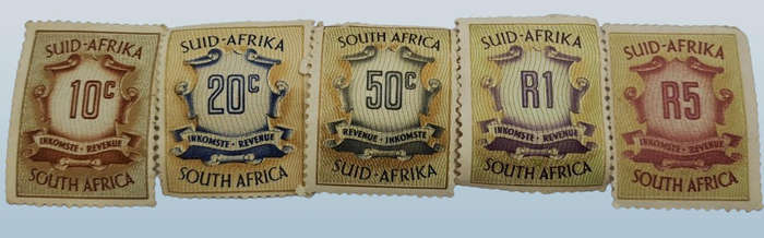 South Africa Republic 10c,20c,50c,R1,R5 Revenue stamps